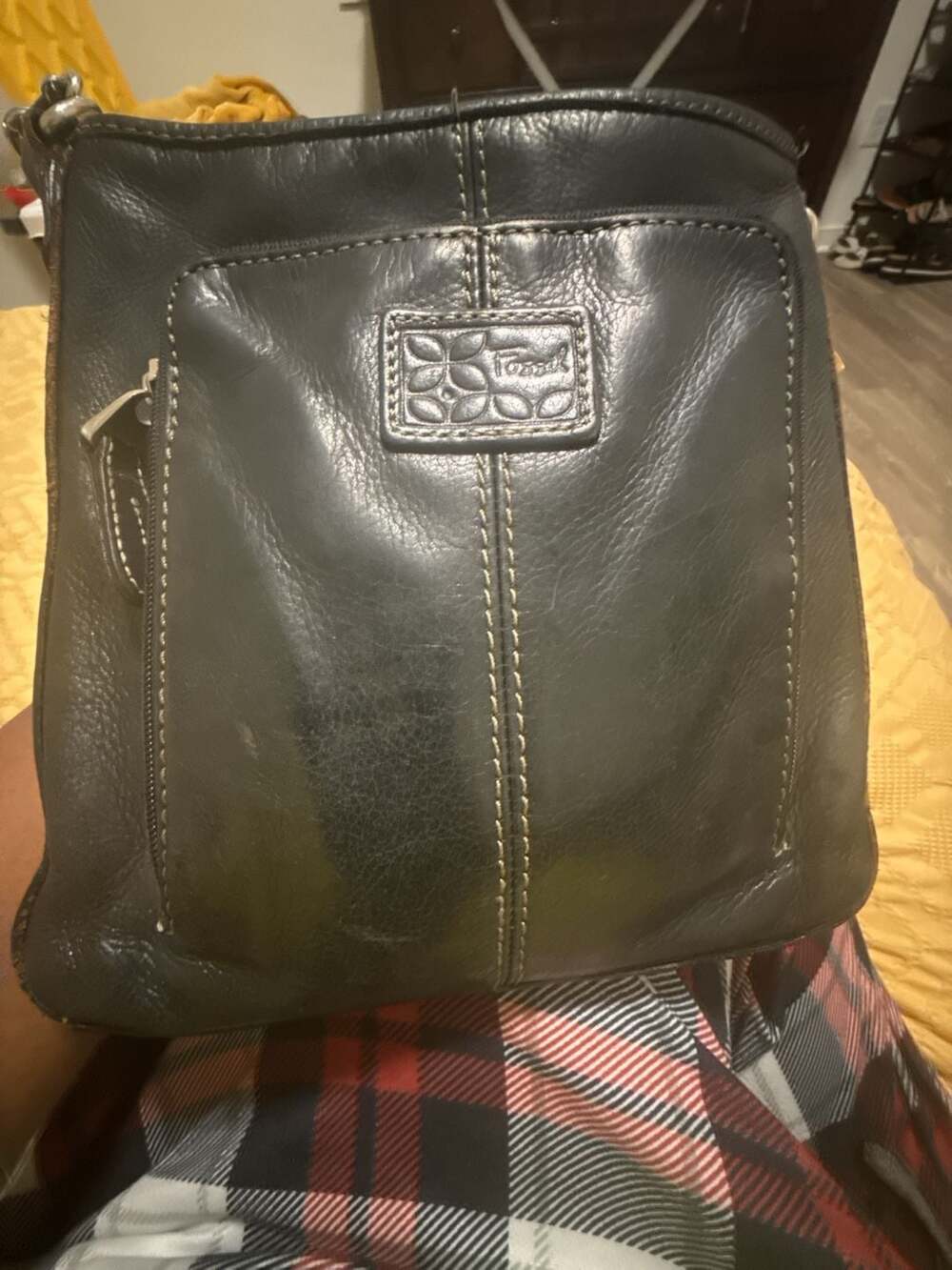 Fossil Vintage Black Leather Crossbody Bag with Organizer Pockets